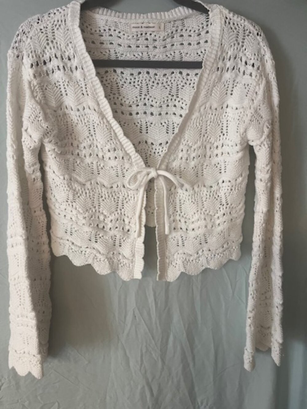 Moon & Madison White Crochet Front Tie Cardigan Sweater Large L - Picture 2 of 8